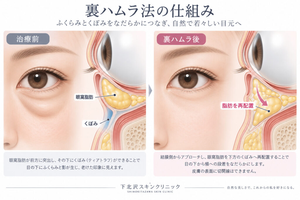 裏ハムラ法で眼窩脂肪をくぼみへ再配置する仕組み