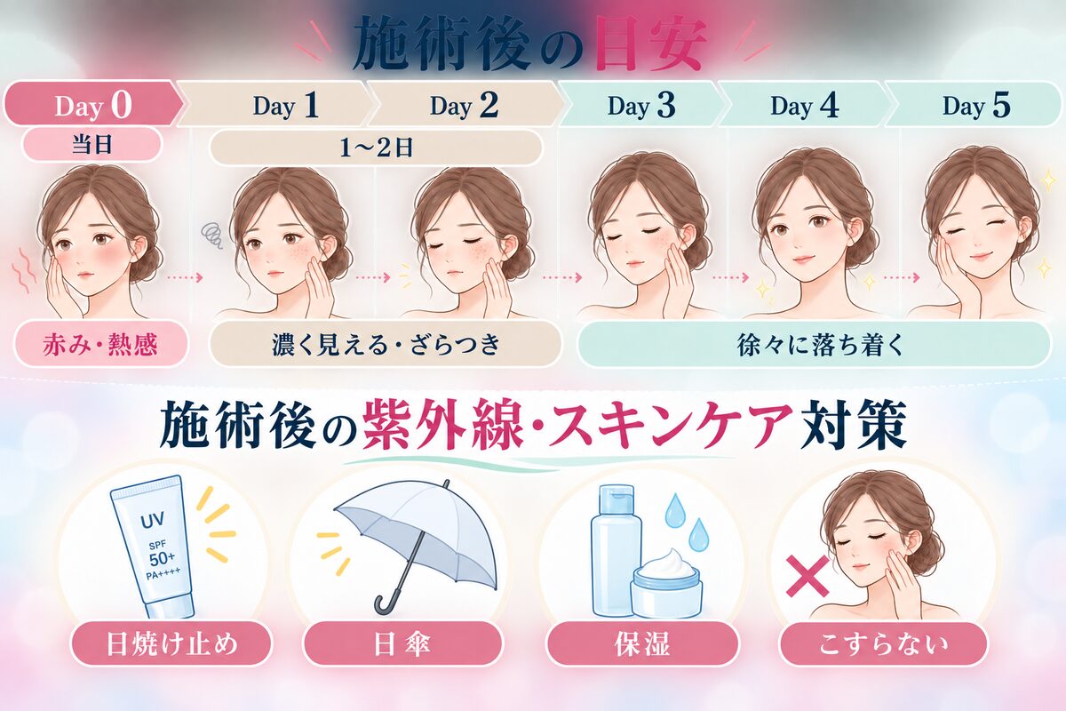 施術後の肌経過と紫外線・スキンケア対策の図