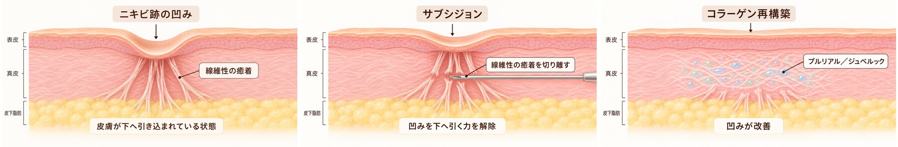 ニキビ跡の癒着、サブシジョン、コラーゲン再構築の3段階模式図