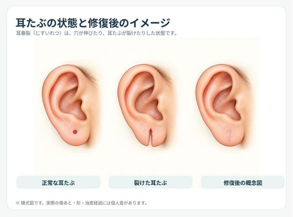 耳垂裂の元デザイン。正常な耳たぶ・裂けた耳たぶ・修復後の概念図
